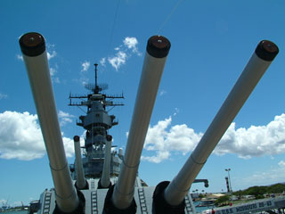 Looking thru the forward turrets of USS Missouri