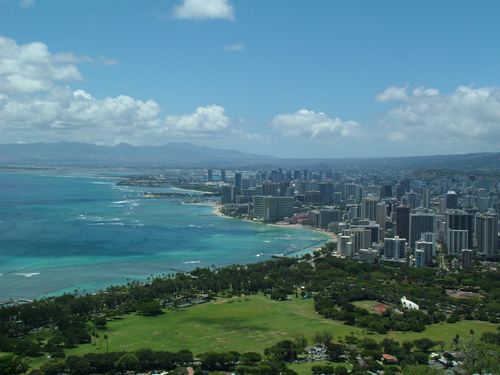 Waikiki from atop Diamond Head summit. Honolulu Hawaii